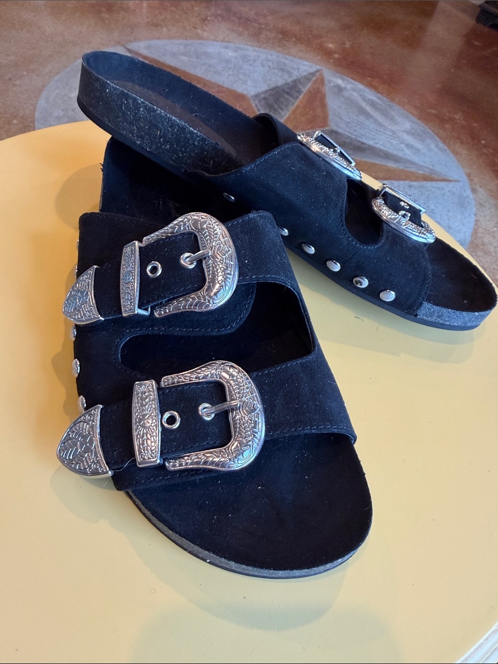 Universal Thread Black Suede Slide Sandals with Silver Buckles